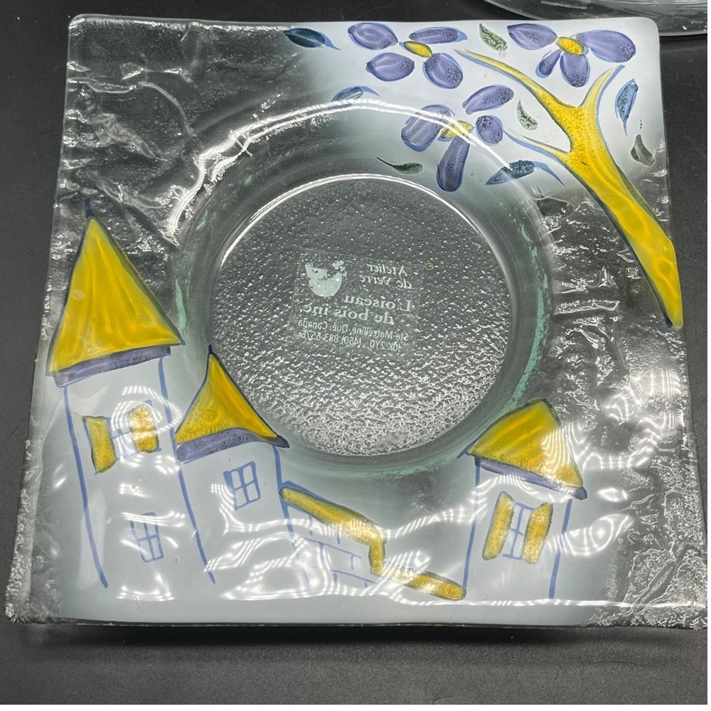 L'oiseau de bois Art Glass Decorative Dish la belle vie House Flower Blue Yellow
